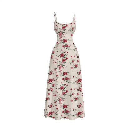 Women Summer Casual Sweet Floral Print Halter Dress High Waist Pleated Slim Fit A-line Dress Casual Vacation Dress