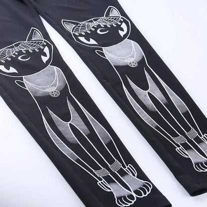 [You're My Secret] ゴシックレギンス レディース用 ウィジャ ワークアウト ヨガパンツ ダーク ブラックキャット スカル レギンス デビル サタン レギンス