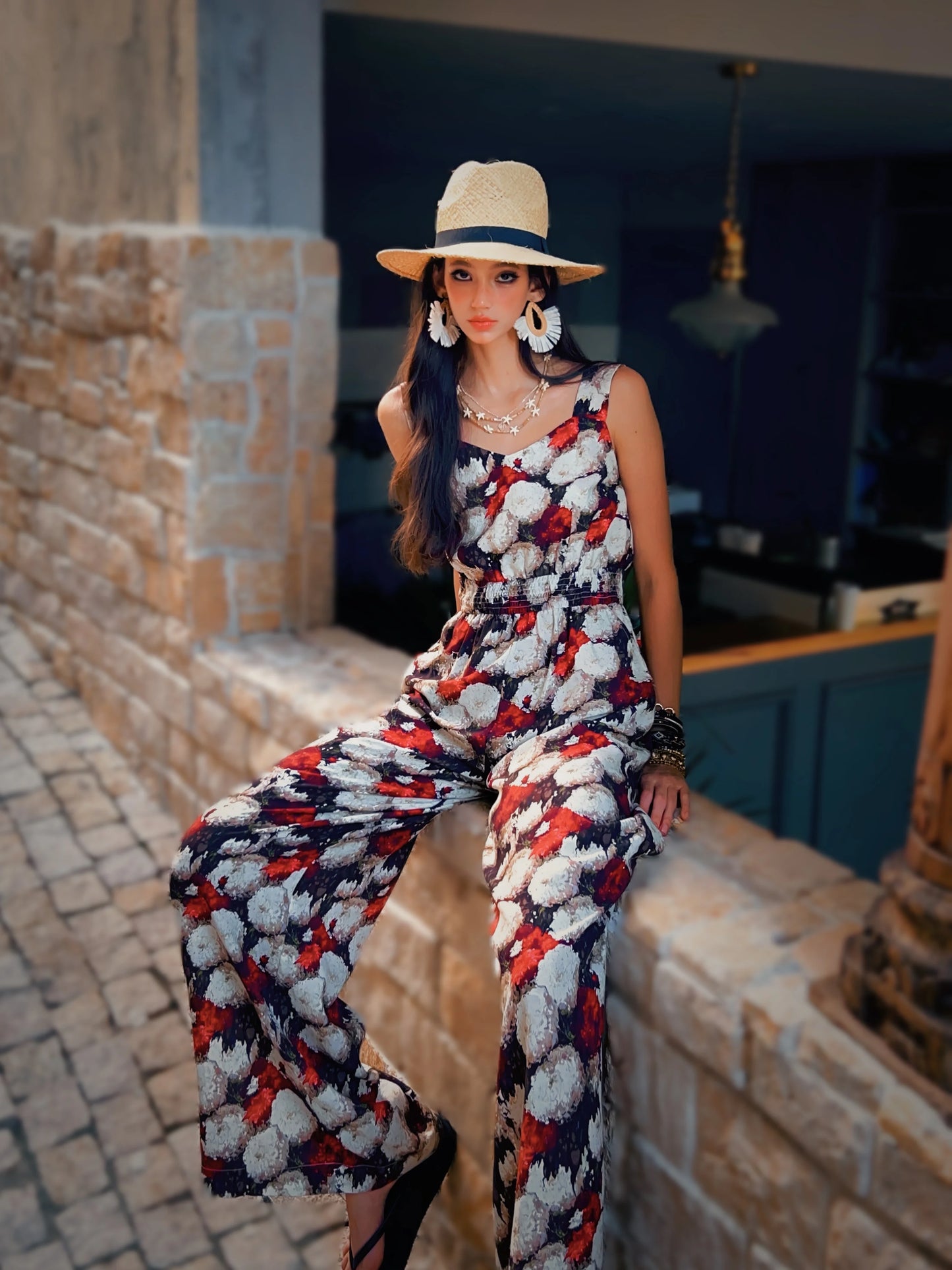 Summer Print Tencel Jumpsuits Women's Clothing Tank Spaghetti Strap+Wide-Leg Pants Draped Full Length Y2K DABUWAWA DM2BJP005