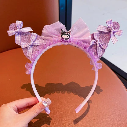 Kawaii Sanrio Kuromi Children Headband Hello Kitty Melody Cinnamoroll Cartoon Bow Shiny Hairband Hair Accessories Christmas Gift