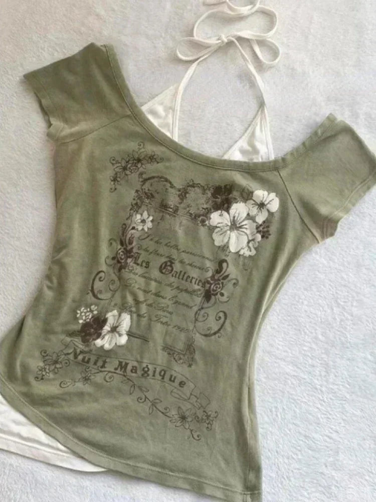 Vintage Clothes Women Print Sexy Punk Streetwear Slim Femme Tees Shirt Gothic Casual Grunge T Shirts 2000s Emo Y2k Crop Top