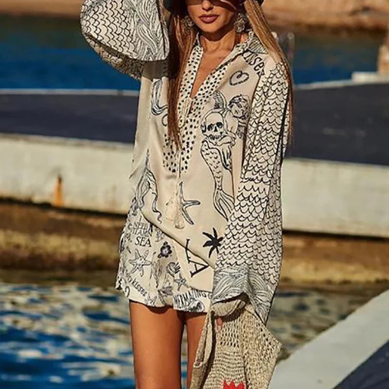 Women Group Of Pants Set Lady Pattern Print V-Neck Long Sleeve Shirts&Shorts Vacation Outfits Summer Satin 2Pcs Temperament Suit