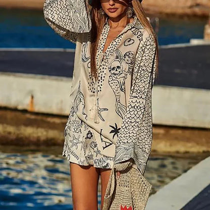 Women Group Of Pants Set Lady Pattern Print V-Neck Long Sleeve Shirts&Shorts Vacation Outfits Summer Satin 2Pcs Temperament Suit