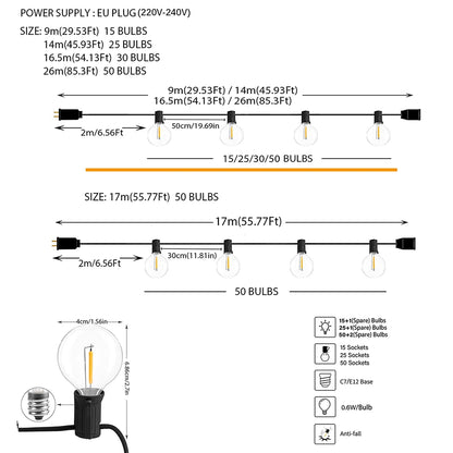 110V/220V 屋外用ストリングライト LED G40 フェストゥーン フェアリー パティオ ガーランド ランプ ウェディング ストリート キャンプ ガーデンパーティー デコレーションライト