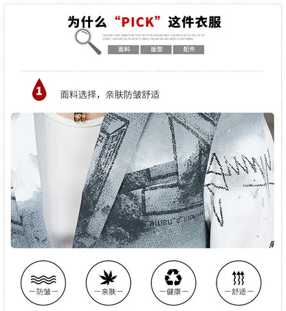 夏用軽量スーツジャケット メンズファッションプリント半袖ブレザー カジュアルビジネスブレザー ヘアスタイリストドレスコート 2024