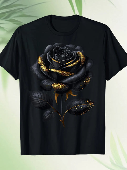 Black rose pattern gold sequin T-shirt, cotton casual round neck short sleeve T-shirt, daily wear, machine washable