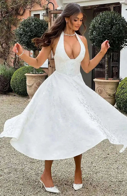 Giyu Club Evening Party Dresses Women 2025 Summer Sexy Bow Halter Long Dress Elegant Jacquard Lace Up Backless Birthday Robe