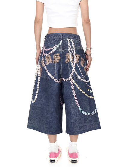 Chain Print Blue Jeans orts Men's Summer Loose Straight Leg Seven-Foot Pants Casual High Waist Corduroy Youth Faion