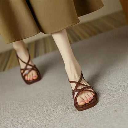 Sandals for Women 2025 Summer Simple Fashionable Flats Elastic Band Outdoor Beach Shoes Casual Ladies Rome Sandals 232