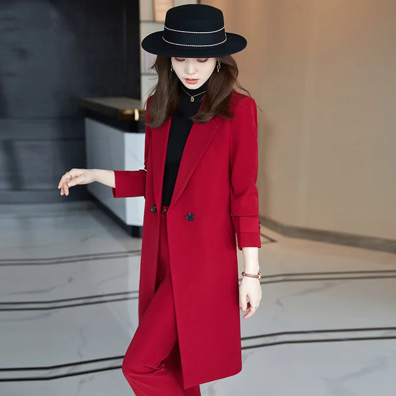 2022 Winter High-end Women's Business Suit Pants Two-piece Set Temperament Slim Solid Color Lady Double Breasted Trench Coat