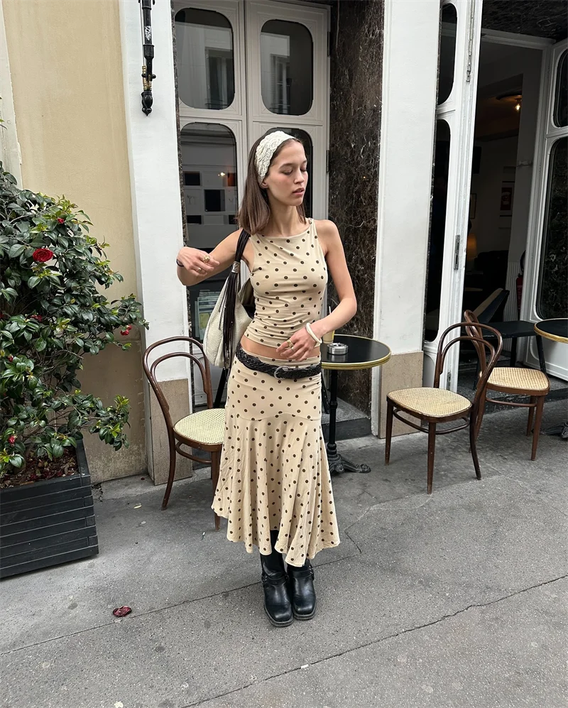 Absobe Polka Dot Y2K Skirt 2 Piece Set Women's Sleeveless Tank Top Fashion Irregular A-Line Skirt Slim Suit Summer Casual Outfit