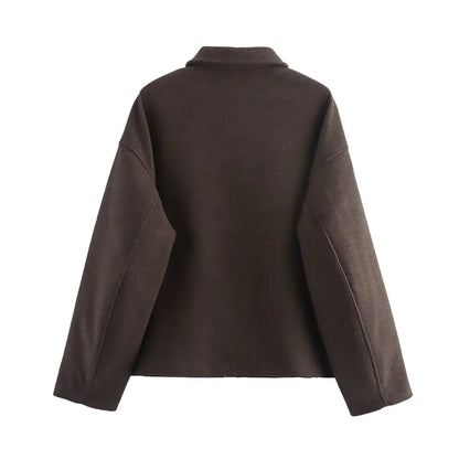 Autumn and winter fashion lapel long-sleeved zipper woolen coat 2024 European and American loose casual jacket
