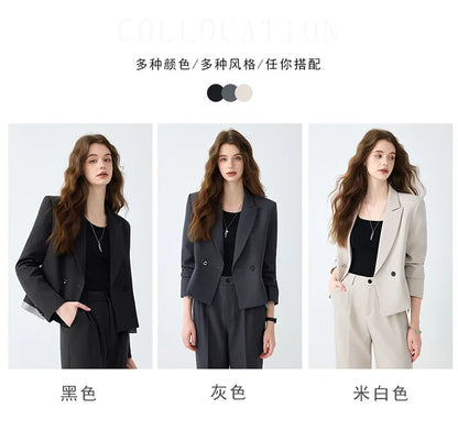 Solid Suits for Women 2025 Spring Fashion Office Ladies Long Sleeve Double Breasted Short Tops Chic Cargo Pant Suits