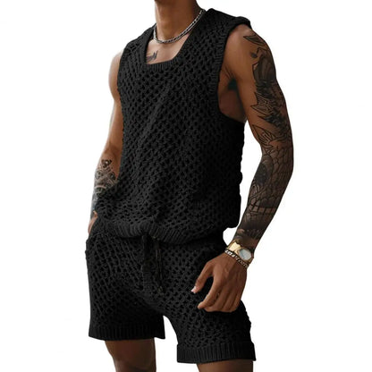 Vest Shorts Set Men's Casual Sleeveless Knit Top Drawstring Shorts Set for Daily Wear Elastic Waist Wide Leg Shorts for Men's