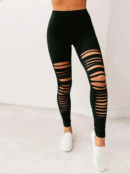 New European And American Solid Color Simple Milk Silk Leggings Nine Points Fashion Tight Black Broken Nine Points Pants Women