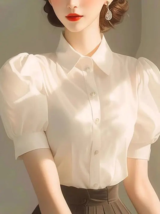 Elegant French Style Intelligent and Absolutely Beautiful White Stand Up Collar Puff Sleeve Blouse for Women's Summer Shirt