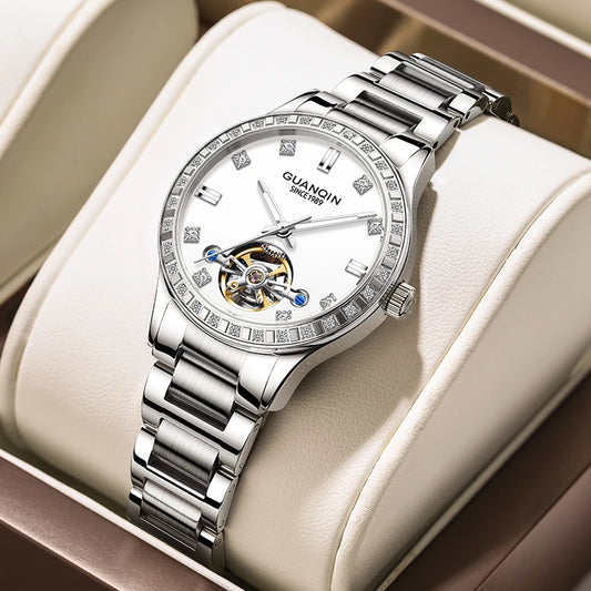 GUANQIN Women Watch Luxury Original Automatic Mechanical Tourbillon Stainless Steel Case Sapphire Crystal 30M Waterproof Watches