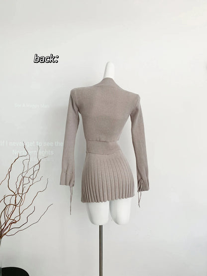 Woman Y2k Matching 3 Piece Set New Products Sweet Solid Knitted Cropped Patchwork Vest Slim Cardigan Mini Pleated Skirt Autumn