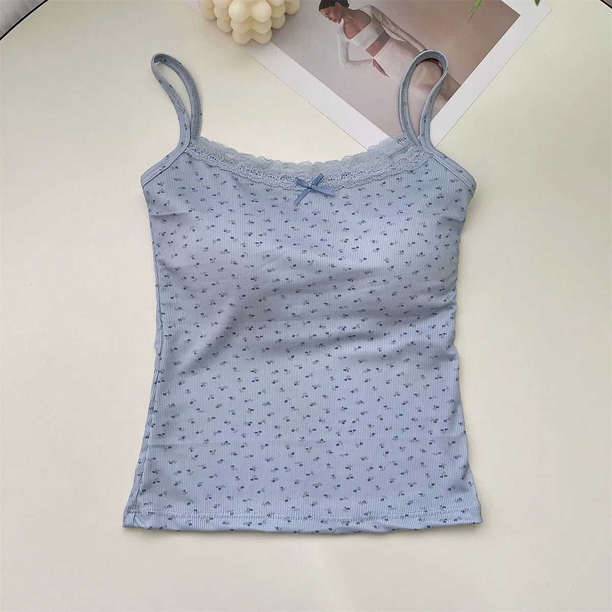 Summer Crop Tops Print for Women Bow Lace Camisole Sexy Backless Vest with Padded Basic Tank Top Bm Style Camis Y2k Streetwear