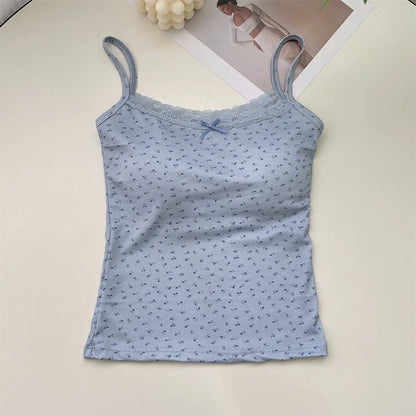 Summer Crop Tops Print for Women Bow Lace Camisole Sexy Backless Vest with Padded Basic Tank Top Bm Style Camis Y2k Streetwear