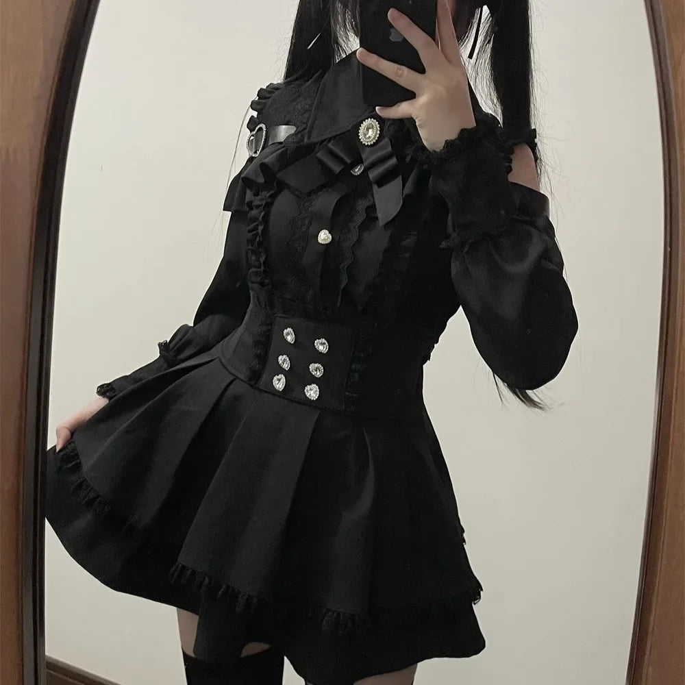 Kawaii Off Shoulder Long Sleeve Shirts Women Black Short Skirt Set Y2K Gothic Ruffle Skirts Lace Lolita Shirt Gown Suit ﻿﻿﻿﻿﻿