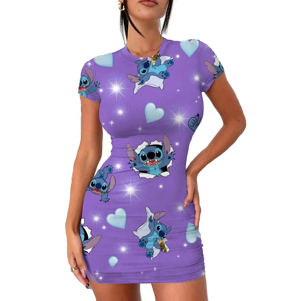 2022 Disney Stitch 3D Cartoon Print Tight Dress Short Sleeve Women's Tight Mini Dress Hip Print Kawaii beach party Women's Dress