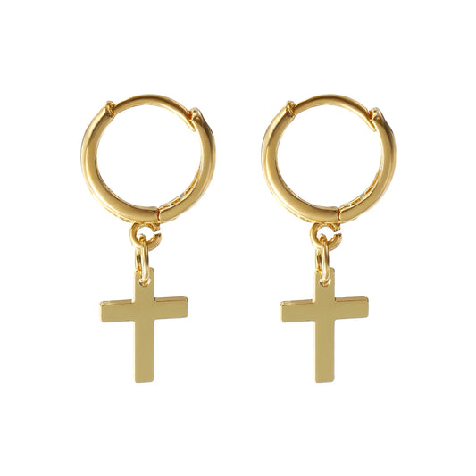 1Pair Exquisite Religious 18K Gold Plated Brass Cross Hoop Earrings For Women Gift 3.1cm x 1.4cm, Post/ Wire Size: 1mm(18 gauge)