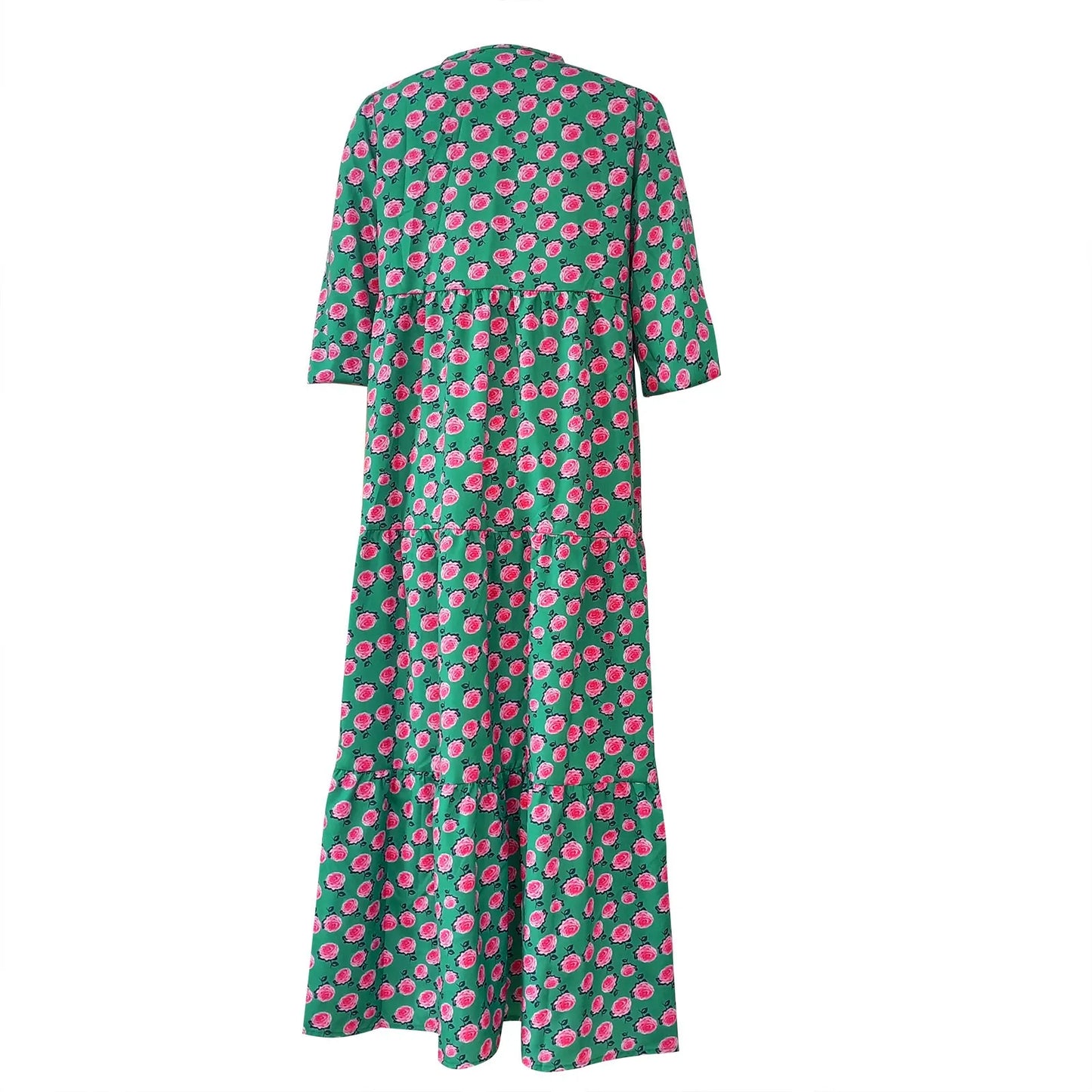 Women's Summer Casual Fashion Geometric Print Neckline Lace-up Bubble Middle-sleeves Ruffle Stitching Big Swing Long Losse Dress