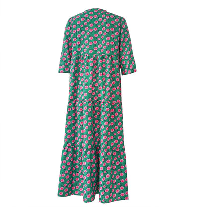 Women's Summer Casual Fashion Geometric Print Neckline Lace-up Bubble Middle-sleeves Ruffle Stitching Big Swing Long Losse Dress