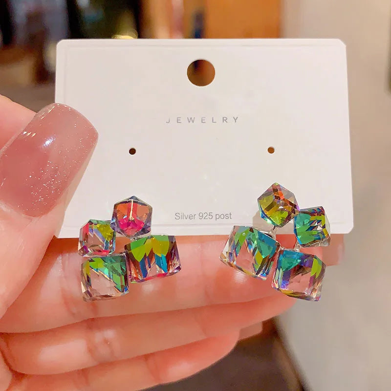 925 Silver Needle Korean Fashion Dream Colorful Crystal Earrings For Women Jewelry 2025 Trending Luxury Cube Sugar Stud Earrings