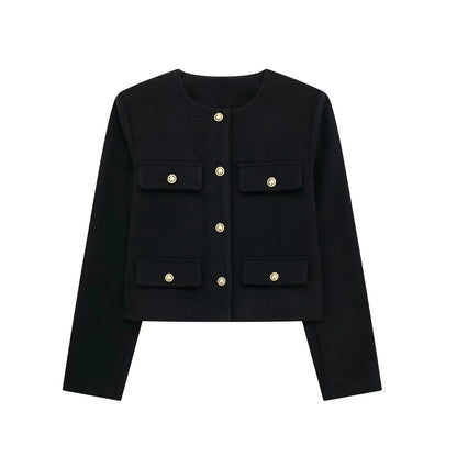 TRAFZA Women Vintage Solid Coat Button Long Sleeve O Neck Jacket With Pocket 2024 Autum Elegant Female Casual Outerwear Jakcet