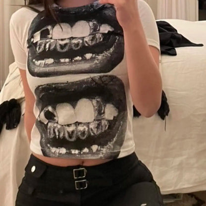 Y2K clothes 2000s vintage Harajuku fairy garbage blouse women's T-shirt Goth lip KISS print E-girl EMO Crop women's club top