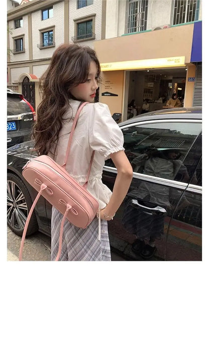 Women French Gentle Style Fungus Edges O-neck Puff Short-sleeved Shirts Summer Lace-up Bow Waist Slimming Single Breasted Blouse