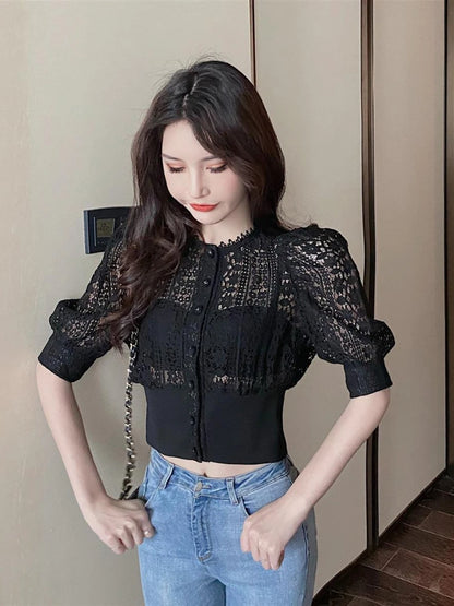 Woherb Sweet Crochet Top Blouse Women Sexy Hollow Out Shirt Vintage Puff Sleeve Korean  Shirts Fashion Chic Tops Blusas