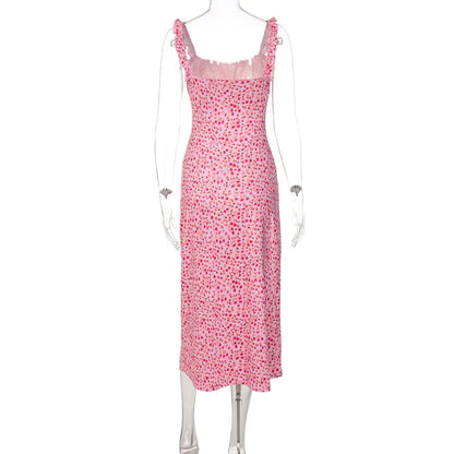 Hbenna Summer Dresses For Women Floral Print Sexy Y2K Ankle-Length Party Dresses Women Skinny Spaghetti Strap Long Dresses Pink