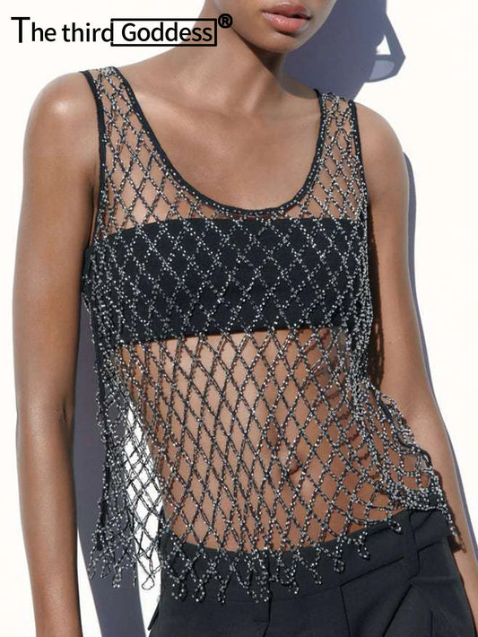 Sexy black see through mesh tank top women 2025 summer night Club rave outfits womens rhinestone y2k Tops beach party Crop top