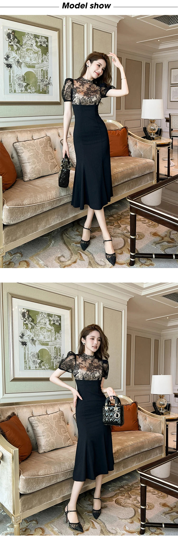 Elegant Style Long Dress Women Retro Chic Sexy Black Sheer Lace Spliced High Waist Fishtail Robe Femme Party Prom Vestidos Mujer