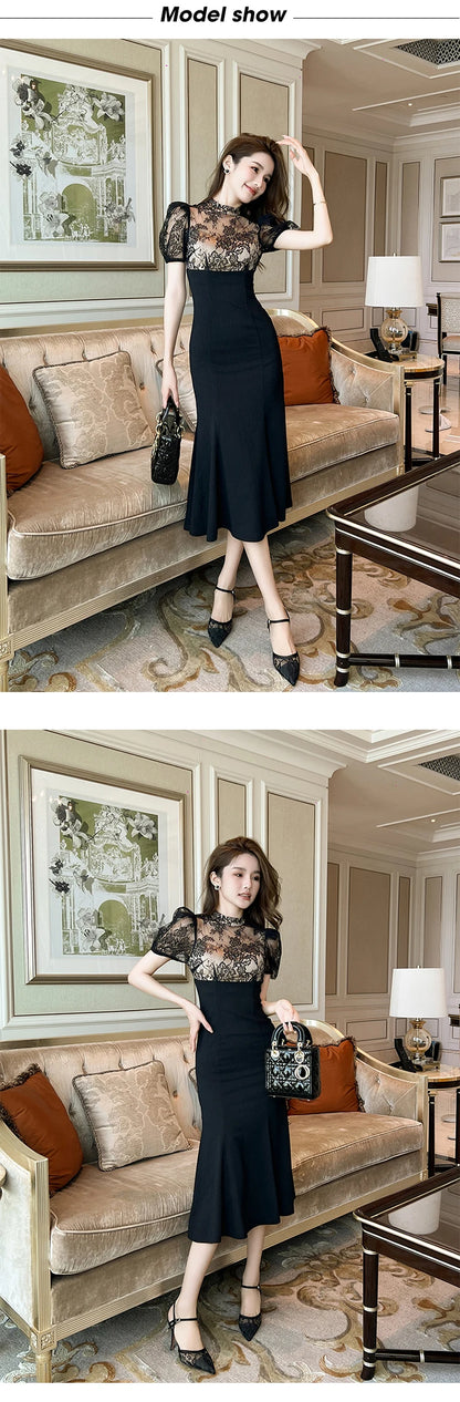 Elegant Style Long Dress Women Retro Chic Sexy Black Sheer Lace Spliced High Waist Fishtail Robe Femme Party Prom Vestidos Mujer