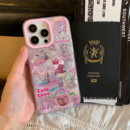 高級レーザーレインボーキュートピンクハートラブキャット漫画電話ケース iPhone 12 13 14 15 16 Pro Max Y2k 3Dふわふわ猫人形ストラップ