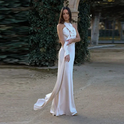 Elegant Satin Ribbon Halter Backless Sleeveless Dress for Women Slim Fit Party Evening Robes Lady Solid Color Autumn Summer 2025
