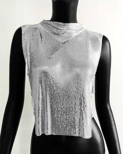 セクシーなメタルスパンコールのバックレスパーティークロップトップレディースシャイニータートルネックTシャツ調節可能なラインストーンチェーンナイトカルブフェスティバルタンクトップ
