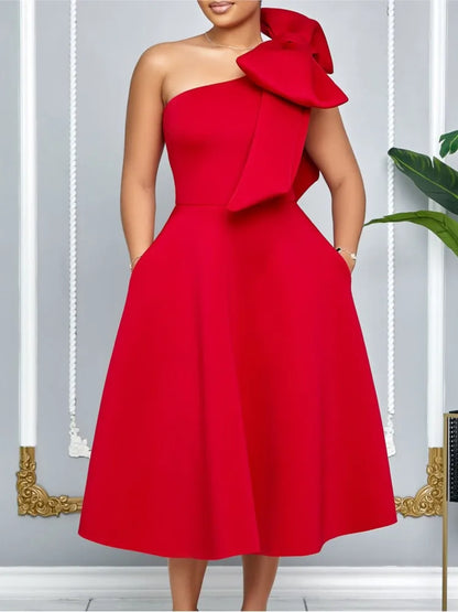 French One Shoulder A Line Pleated Birthday Party Dresses Women Bow Sleeveless Belt Large Skirt Elegant Women's Party Dress