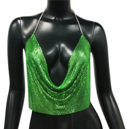 Glitter Metal Sequins Backless Camisole For Women Sexy Deep V Neck Halter Neck Sleeveless Tank Top Lady Nightclub Party Crop Top