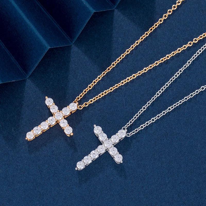 Lycfn 5MM Moissanite Cross Sparkling Pendant Necklace S925 Sterling Sliver with GRA Plated 18k Gold for Women Man Fine Jewelry