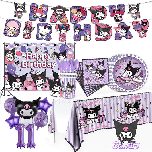 Kuromi Theme Birthday Party Decoration Kid Shower Sanrio Girl Tableware Supplies Tablecloth Number Balloon Cake Topper Gift