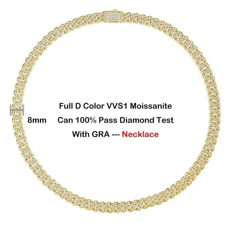 EWYA フルモアサナイト キューバンネックチェーン ネックレス メンズ レディース 8mm S925 シルバープレート 18K ヒップホップ パスダイヤモンドテスト リンクネックレス