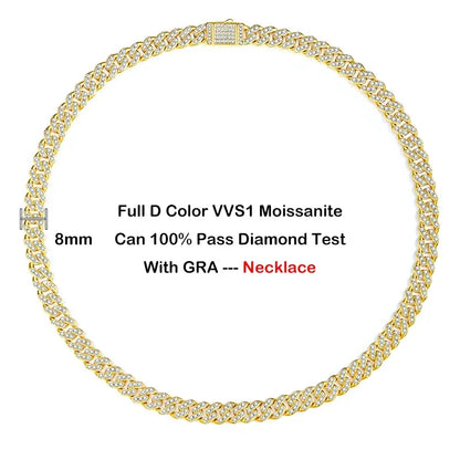 EWYA フルモアサナイト キューバンネックチェーン ネックレス メンズ レディース 8mm S925 シルバープレート 18K ヒップホップ パスダイヤモンドテスト リンクネックレス