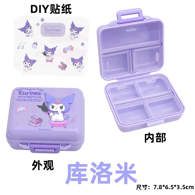 Cute Kuromi My Melody 7 Compartment Pill Case Daily Medicine Organizer with Removable Stickers Travel Portable Moisture Proof