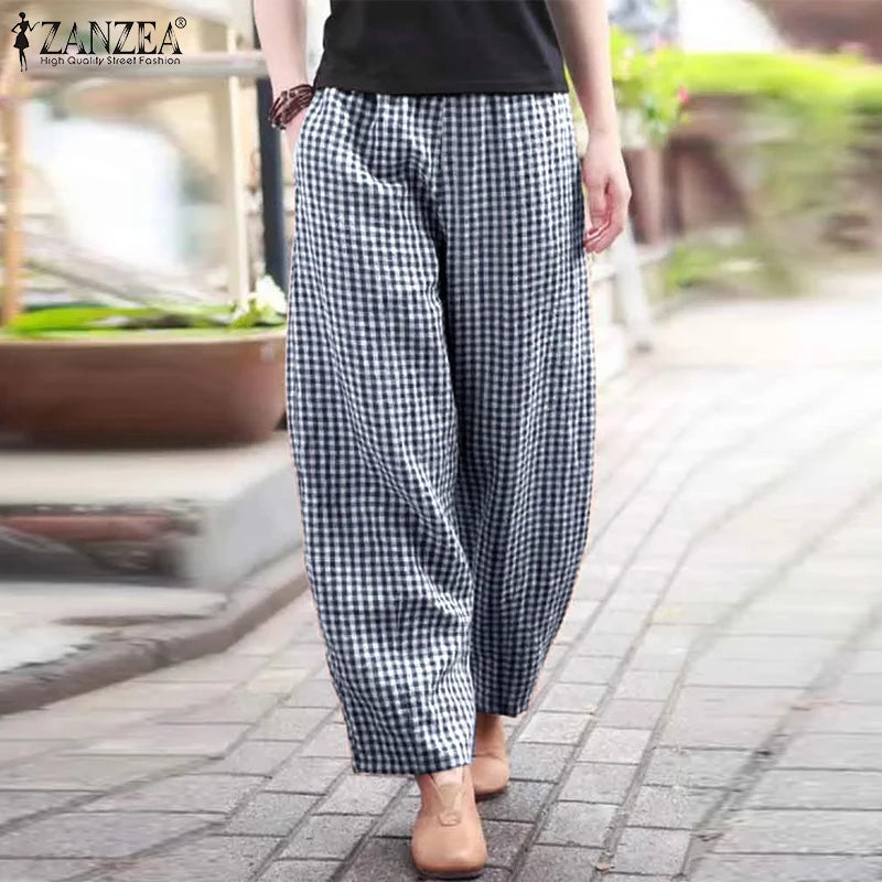 ZANZEA 2025 チェック柄パンツ レディース ファッション ランタンパンツ カジュアル ルーズ ロングパンツ 夏 ポケット 伸縮性ウエスト ボトムス オーバーサイズ