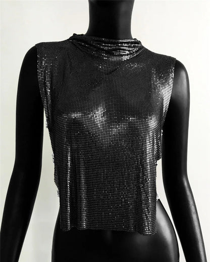 セクシーなメタルスパンコールのバックレスパーティークロップトップレディースシャイニータートルネックTシャツ調節可能なラインストーンチェーンナイトカルブフェスティバルタンクトップ